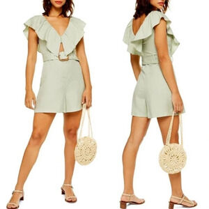 Topshop • Sage Green Riviera Frill Ruffle V Neck Casual Romper